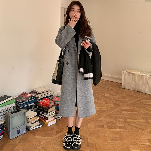 Jeonseon-Notch Lapel Plain Midi Double Breasted Coat