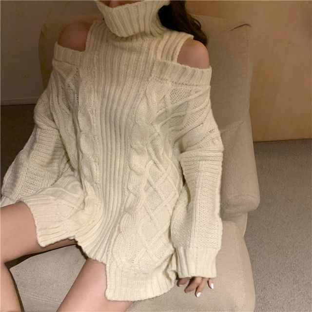 Metonymph-Cold Shoulder Turtleneck Plain Cable Knit Sweater