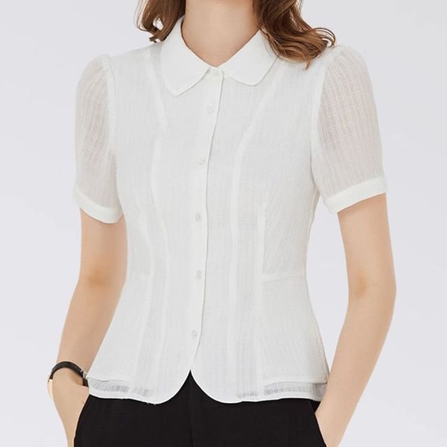 Jeonseon-Short Sleeve Collared Plain Blouse