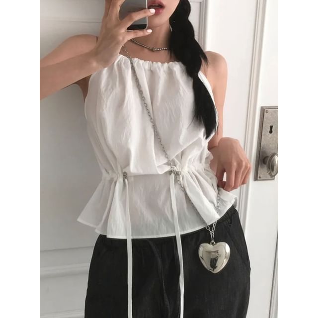 SeoulPop-Spaghetti Strap Halter Drawstring Top