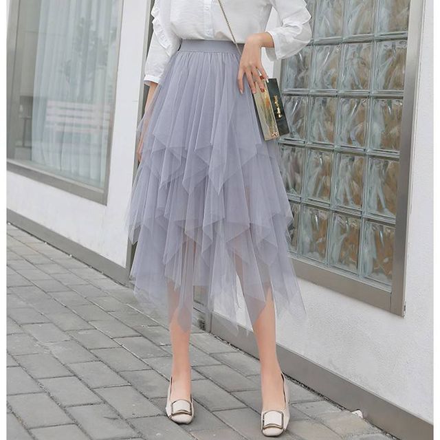 Everose-Irregular Tiered Midi A-Line Mesh Skirt