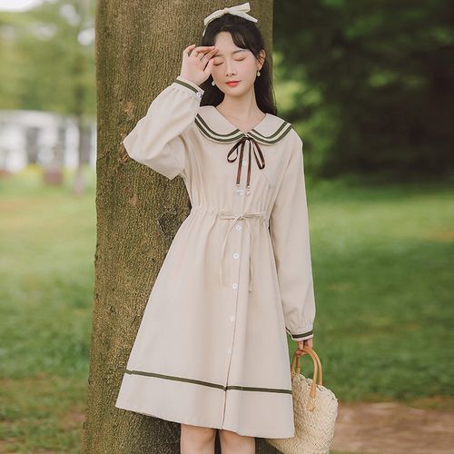 sansweet - Long-Sleeve Sailor Collar Drawstring-Waist A-Line Dress