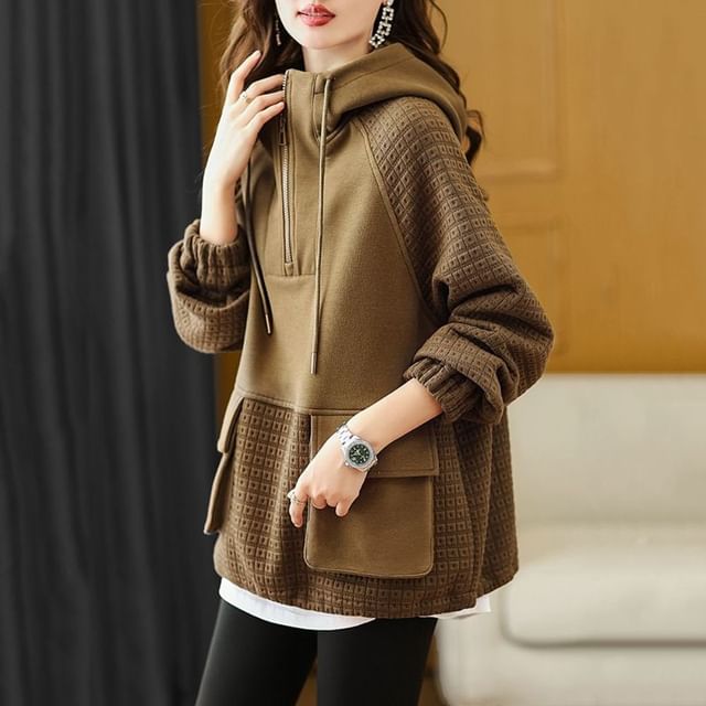 Jeonseon-Two Tone Panel Half Zip Hoodie