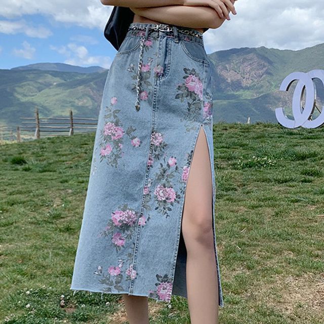 INPIQI - Floral Print Midi A-Line Denim Skirt | YesStyle