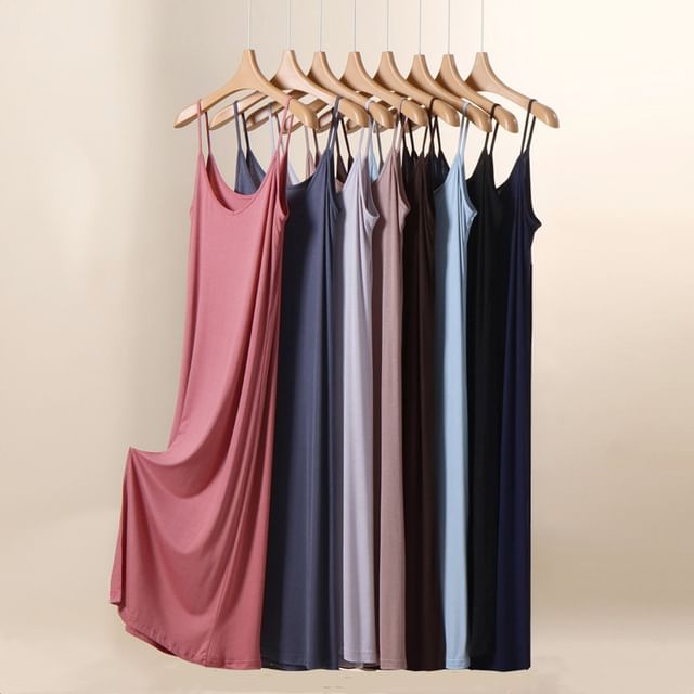 KUMI-Spaghetti Strap Plain Pajama Dress