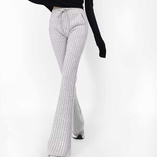 Ulark-Drawstring High Waist Plain Ribbed Flared Pants