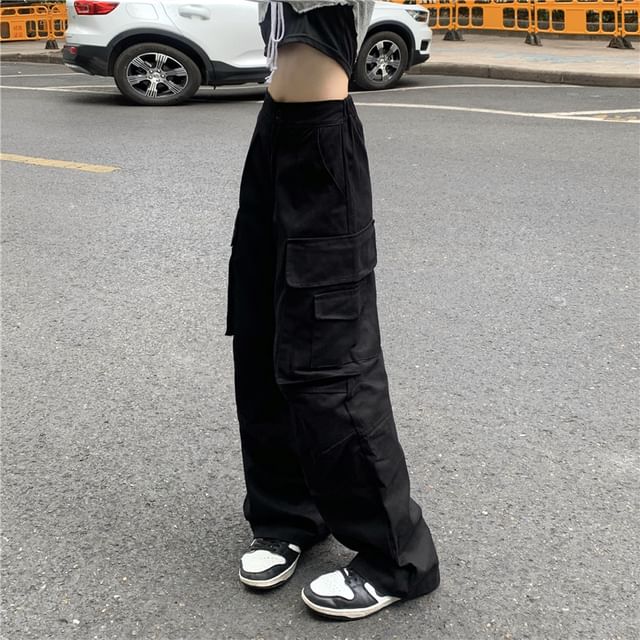 Pants Waist Cargo Plain | YesStyle Porstina - Wide Leg High