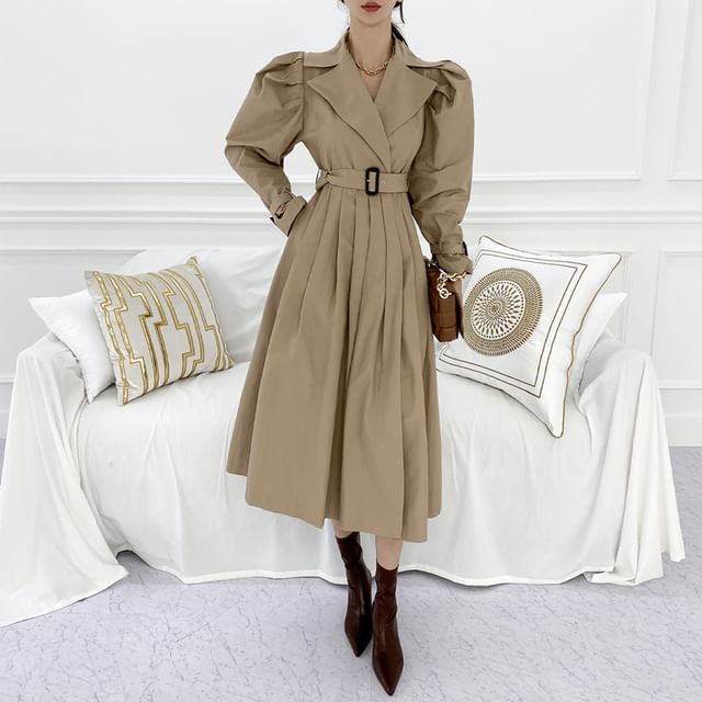 Astarix - Lapel Collar Plain Midi A-Line Coat Dress