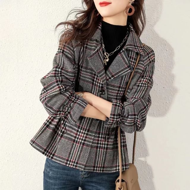 Jeonseon-Notch Lapel Plaid Drawstring Waist Button Jacket