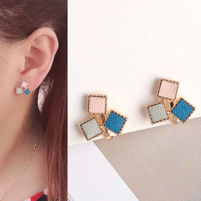 Joodii-Square Faux Leather Alloy Stud Earring