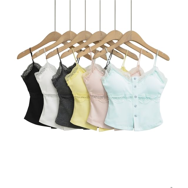 Ulark-Spaghetti Strap V-Neck Plain Lace Trim Button Up Camisole Top