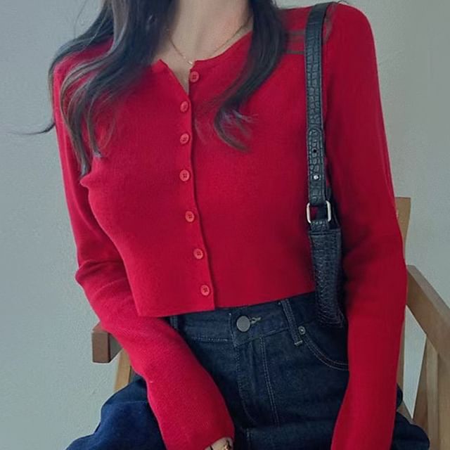 PERKARP-Long-Sleeve Round Neck Button Crop Knit Top