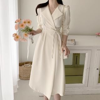 Coris Long Sleeve Collared Plain Tie-Waist Midi A-Line Wrap Dress Sale