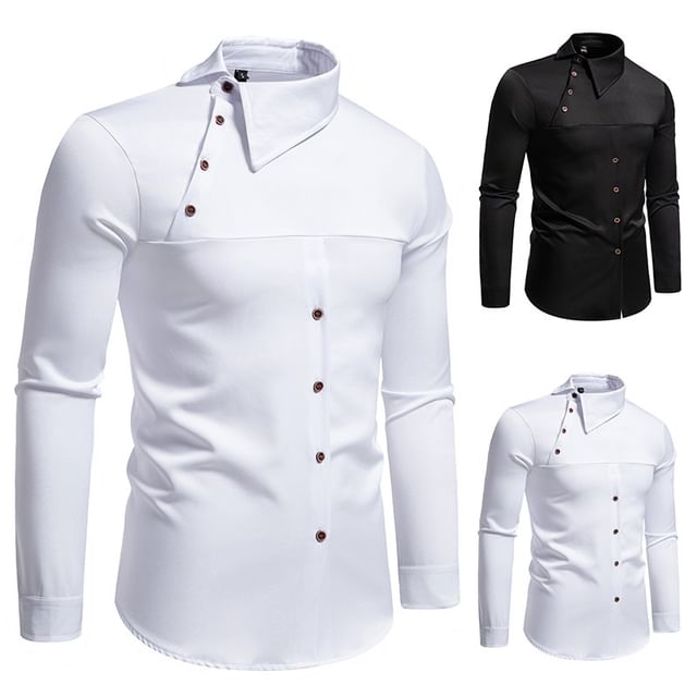 Fireon-Long-Sleeve Plain Asymmetrical Shirt