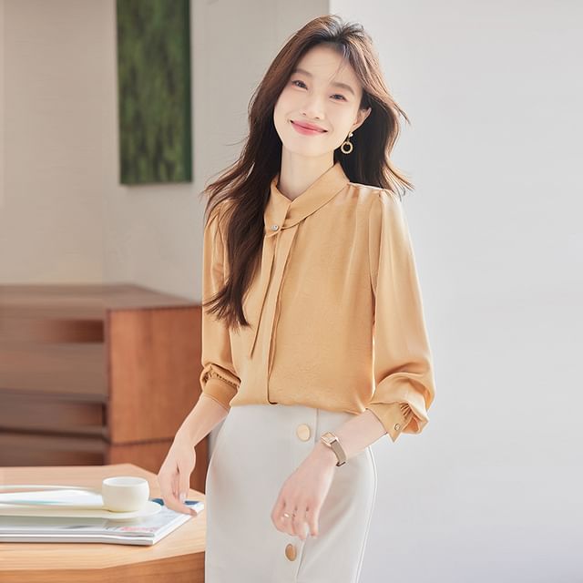 Skyheart-Long Sleeve Collared Plain Blouse