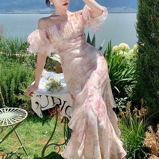 Faiar - Short-Sleeve Cold Shoulder Floral Maxi Sheath Dress | YesStyle