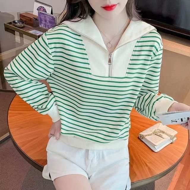 Everose-Collar Striped Half-Zip Sweatshirt