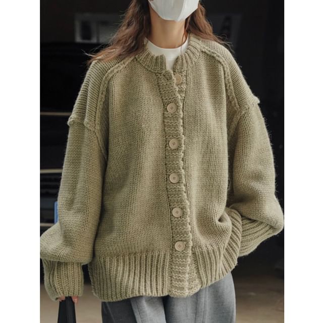 INEN-Crew Neck Plain Oversized Cardigan
