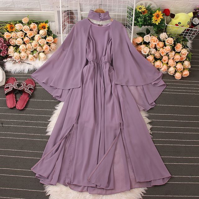 Knutsford FlaredSleeve Mock Neck Plain Cutout Midi ALine Dress