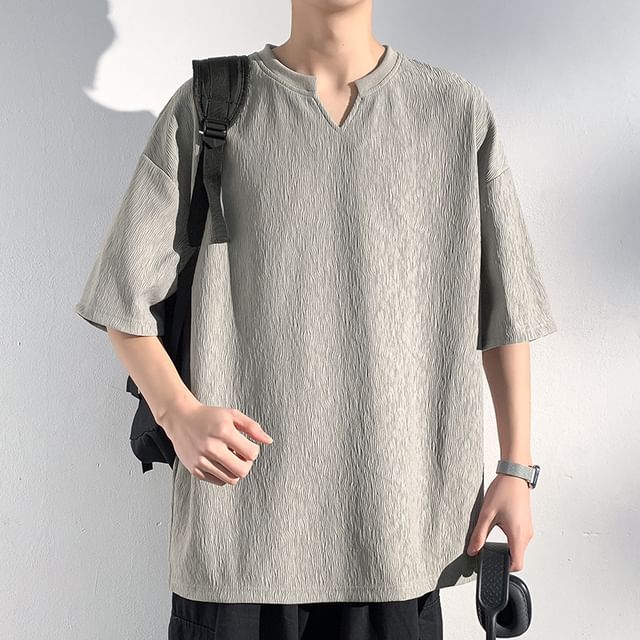 Really Point-Elbow-Sleeve Notch Neck Plain T-Shirt