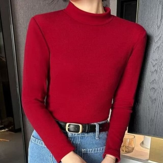 Wildfoea-Long-Sleeve Mock Neck Plain T-Shirt