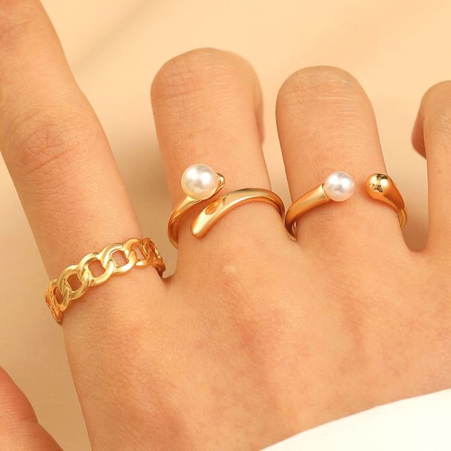 Sharkkira-CZ Faux Pearl Open Ring Set