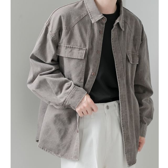 DAZO Studios-Long-Sleeve Plain Pocket Detail Denim Shacket
