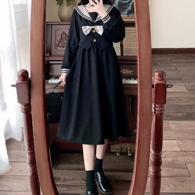 Parimoske - Long-Sleeve Sailor Collar A-Line Dress | YesStyle