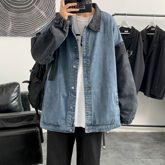 Lorencho-Collar Paneled Washed Denim Button Jacket
