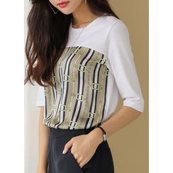 Styleonme - Chain-Pattern Satin-Panel T-Shirt Styleonme - Chain-Pattern Satin-Panel T-Shirt