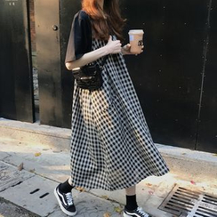 Melon Juice - Short-Sleeve T-Shirt / Spaghetti-Strap Plaid Midi Dress Melon Juice - Short-Sleeve T-Shirt / Spaghetti-Strap Plaid Midi Dress