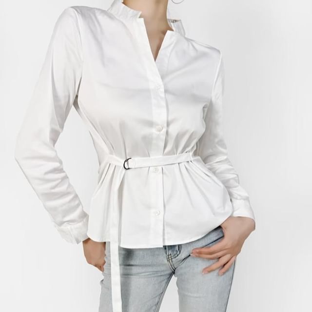 Ulark-Long-Sleeve Stand Collar Plain Belted Button-Up Blouse