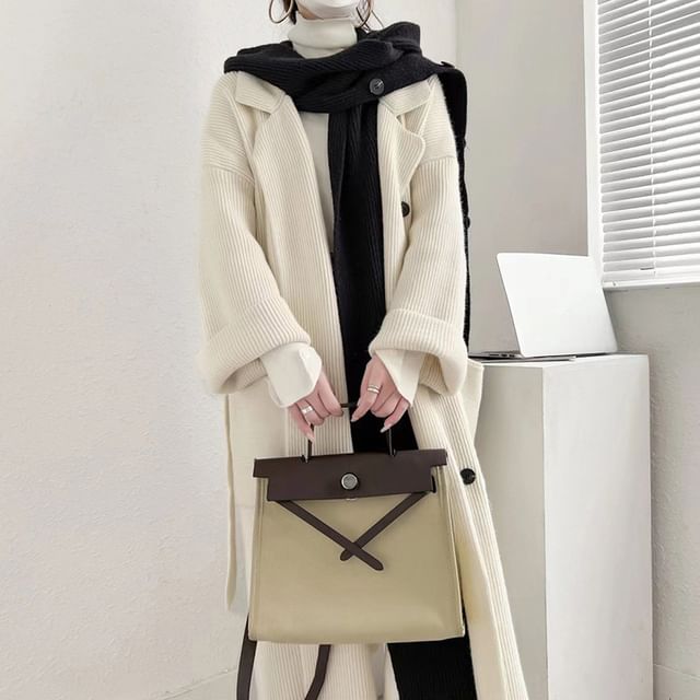 PERKARP-Lapel Collar Plain Double Breasted Long Cardigan