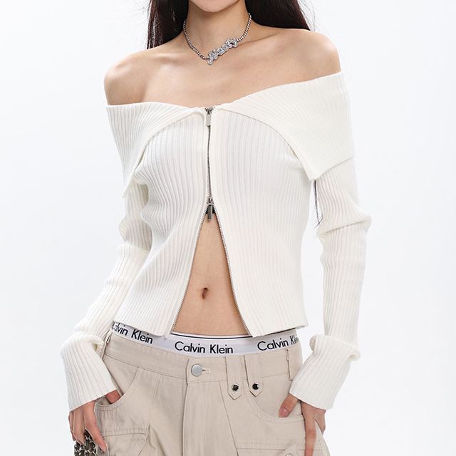 SPUCIKLEI-Off Shoulder Plain Ribbed Double-Ended Zip Cardigan