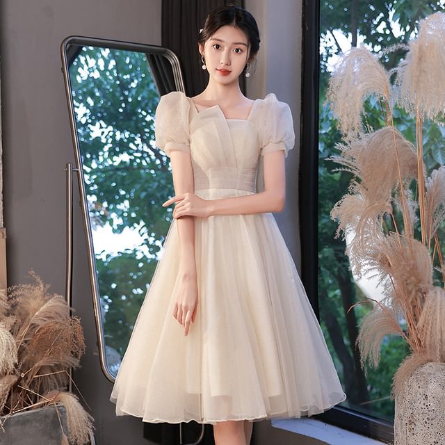 beige dress puff sleeve First Impression Beige Floral Jacquard Puff Sleeve Mini Dress