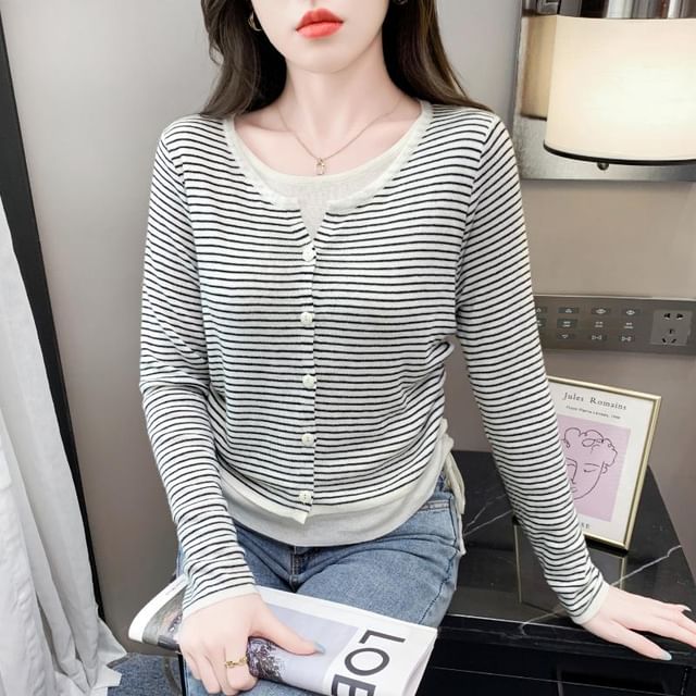 Dragan Pulse-Mock Two-Piece Long-Sleeve Crew Neck Striped Button Knit Top