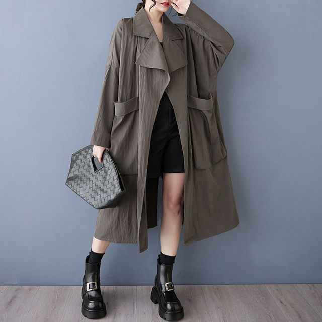 Lewwe-Lapel Collar Zip-Up Plain Long Trench Coat