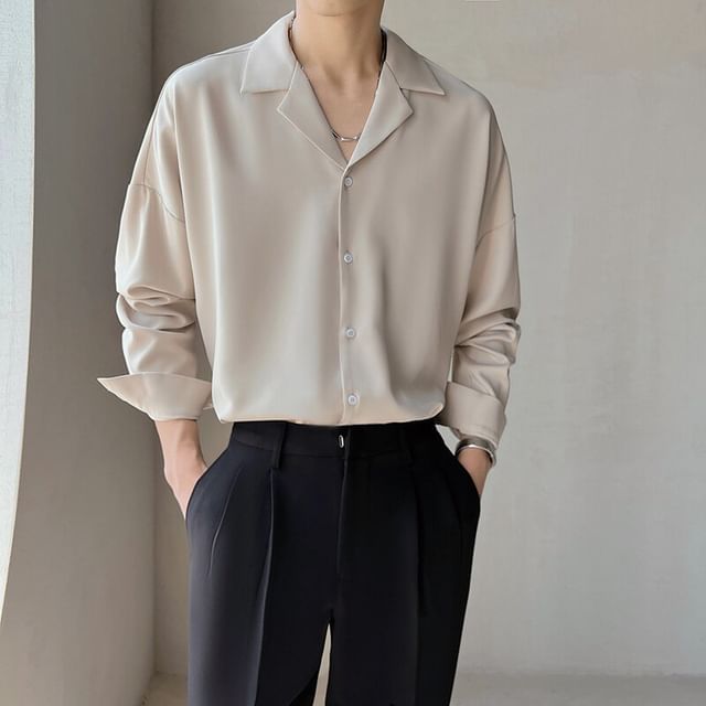 Omozando-Long-Sleeve V-Neck Plain Shirt