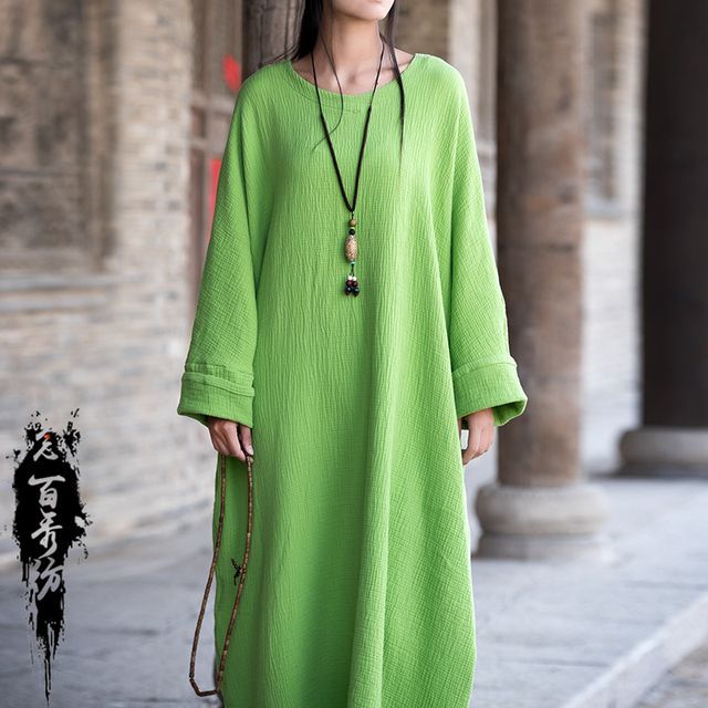 Lewwe - Long-Sleeve Crew Neck Plain Midi Smock Dress | YesStyle Lewwe - Long-Sleeve Crew Neck Plain Midi Smock Dress | YesStyle