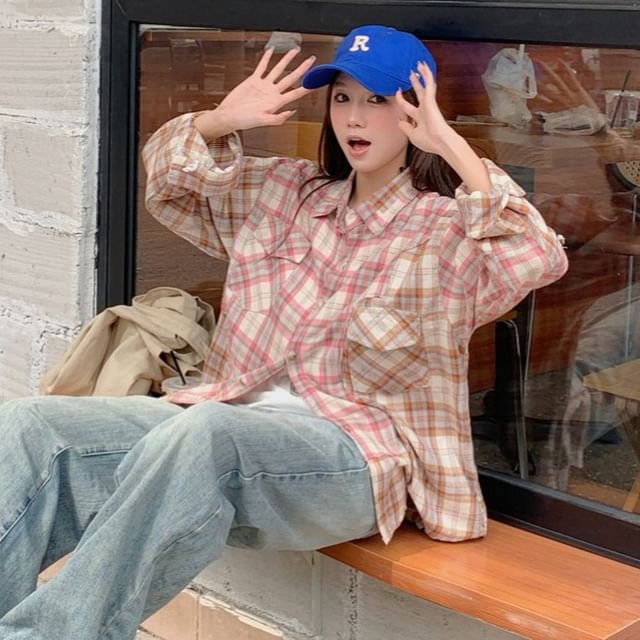 Iduna-Collared Plaid Long Sleeve Button Up Shirt