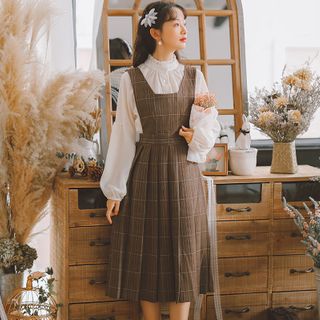 plaid dress with white shirt under sansweet - Set: Puff-Sleeve Blouse + Plaid Sleeveless Dress