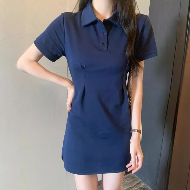 Sienne - Short-Sleeve Plain Slit Mini A-Line Polo Dress | YesStyle