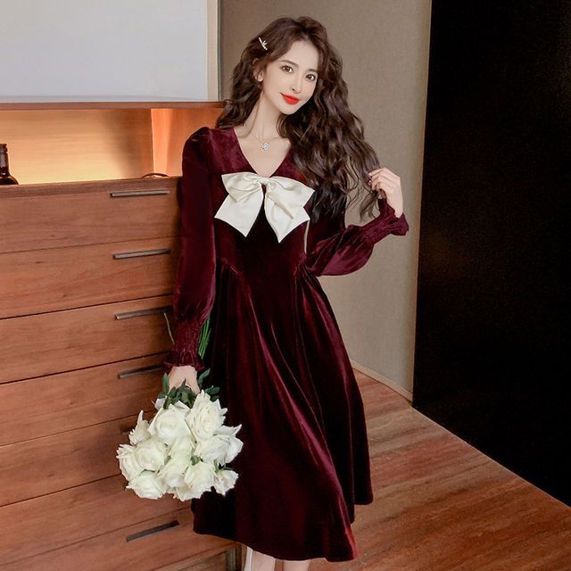 Elegant autumn and winter dress velvet red long dress BE87121 - Yaaku.com