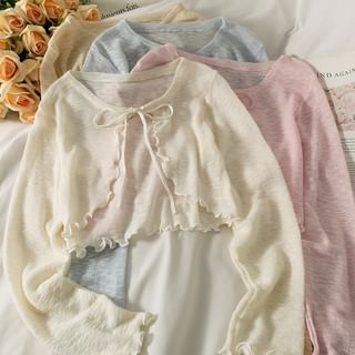 Lemongrass Tie-Neckline Lettuce Edge Sheer Knit Cardigan in 6 Colors Sale