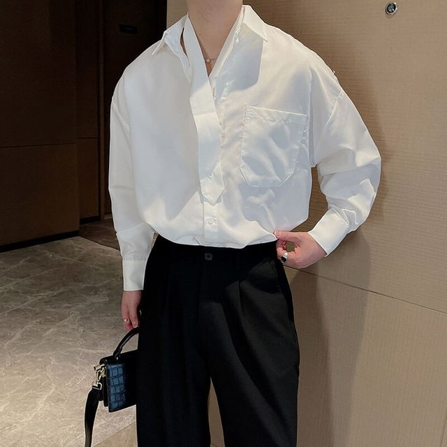 Orungeetun-Long Sleeve Collared Plain Panel Shirt