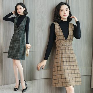 EFO Set: Mock-Neck Knit Top + Plaid Overall Dress | YesStyle