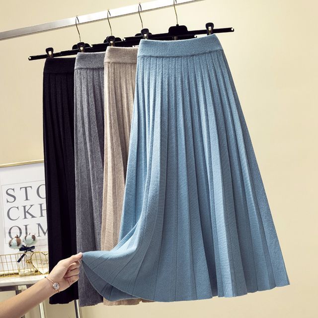 Sheppa - Pleated Knit A-Line Long Skirt | YesStyle
