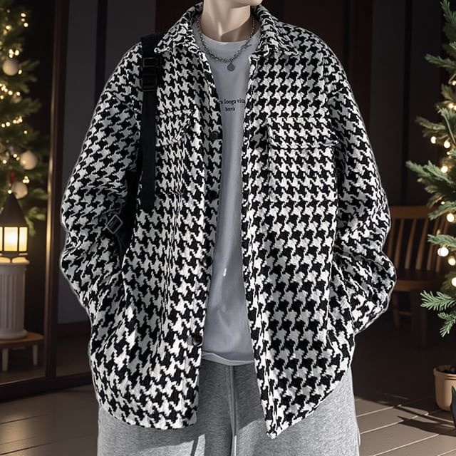 Orungeetun-Houndstooth Button-Up Shirt Jacket