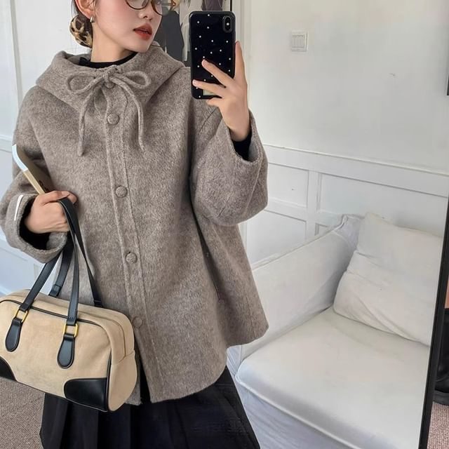 KUMI-Plain Hooded Tie Front Button-Up Jacket