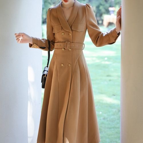 Nebbia Long Sleeve Shawl Lapel Plain Double Breasted Belted Midi